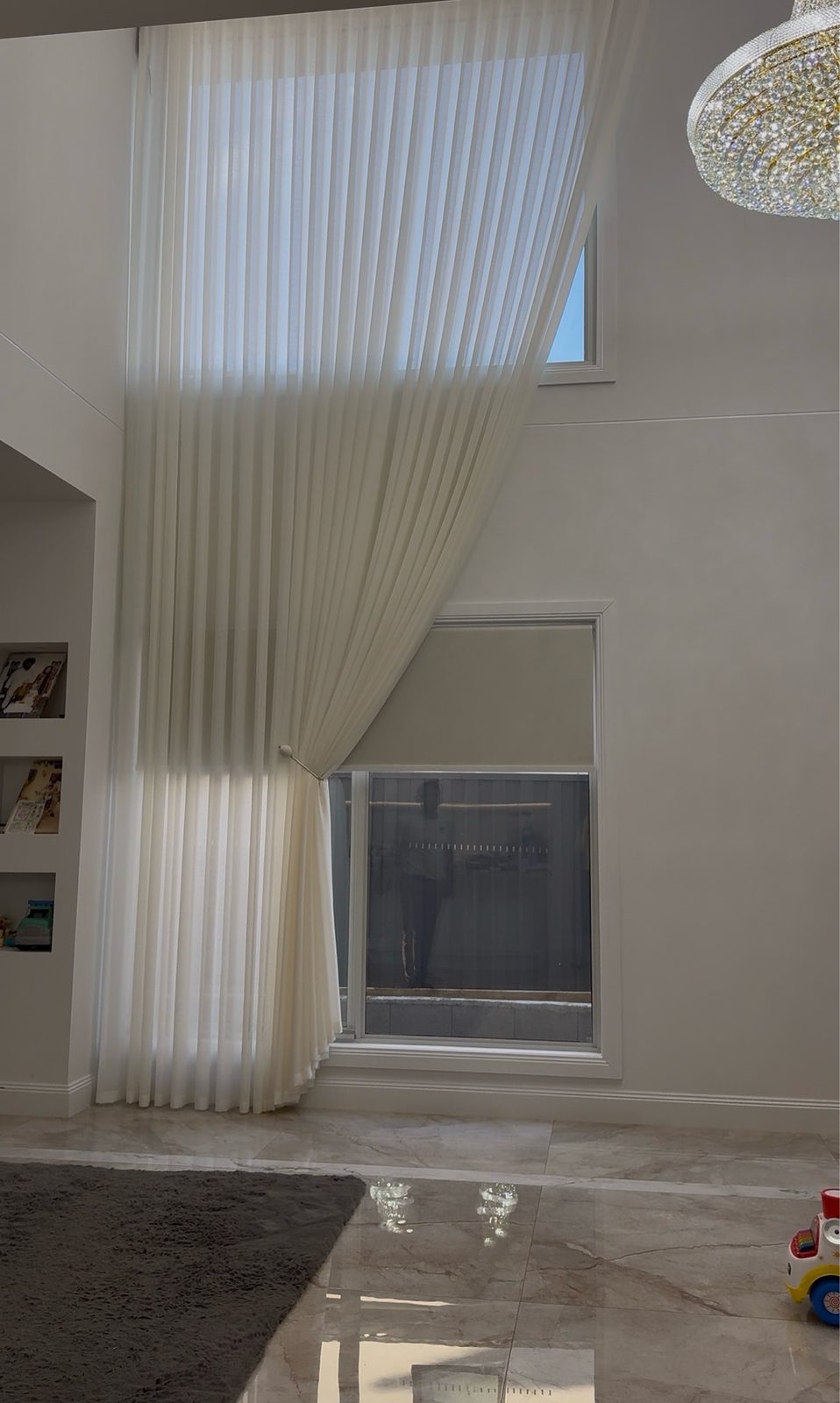 Double-Height S-Fold Sheer — Tieback at the Window